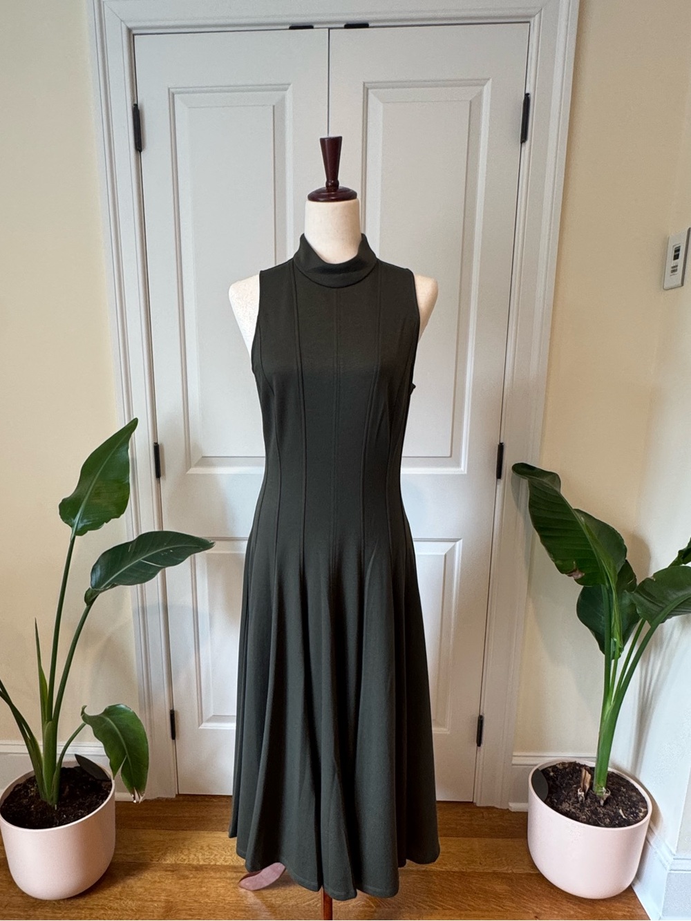 Jason Wu- Sleeveless Olive Green Midi Dress with Mock Neck
